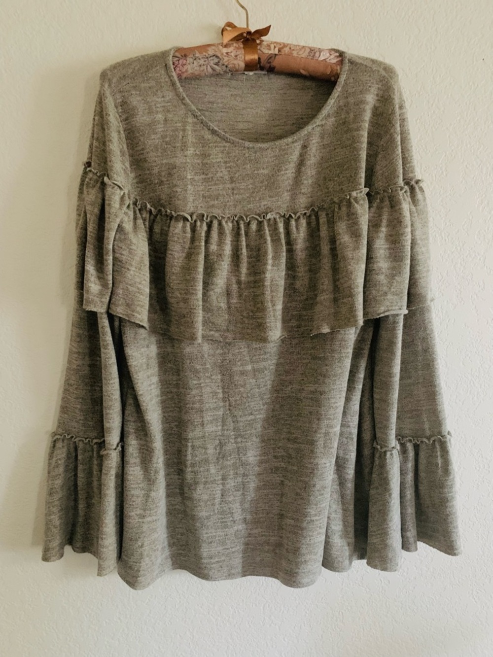 Easel Boho Ruffle Bell Sleeve Knit Top - Heathered Taupe - Size M